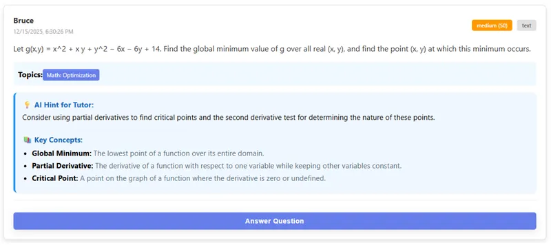 tutor's view when a student raises a question